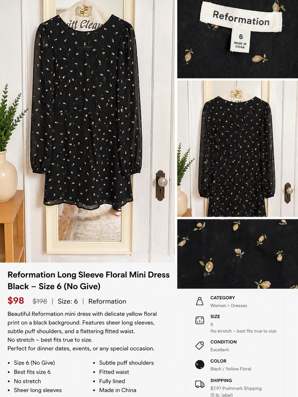 Reformation Black Mini Dress with Yellow Floral Print